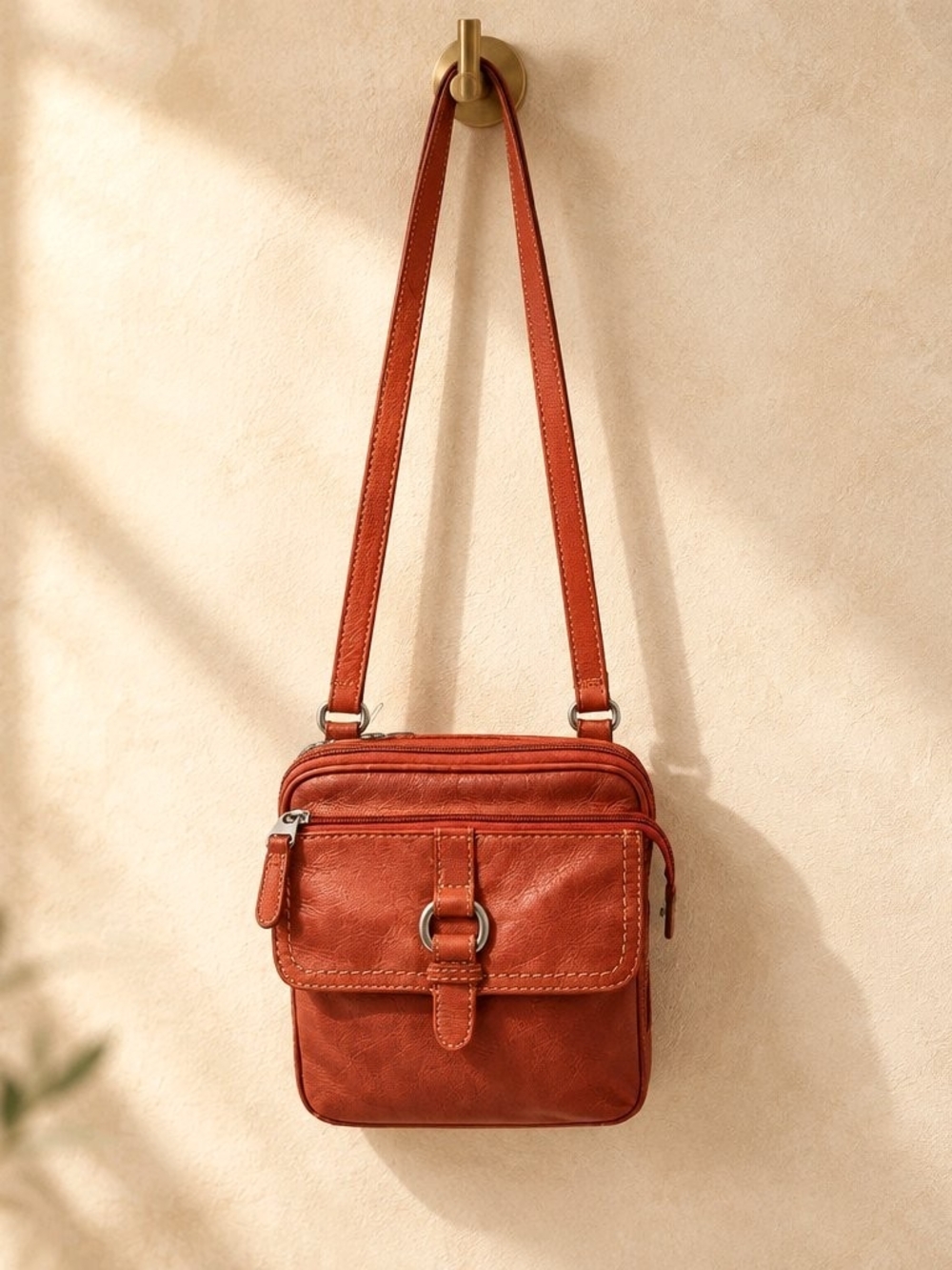 Vintage Fossil Y2K Crosstown Organizer Leather Crossbody Bag – Brick / Rust Red
